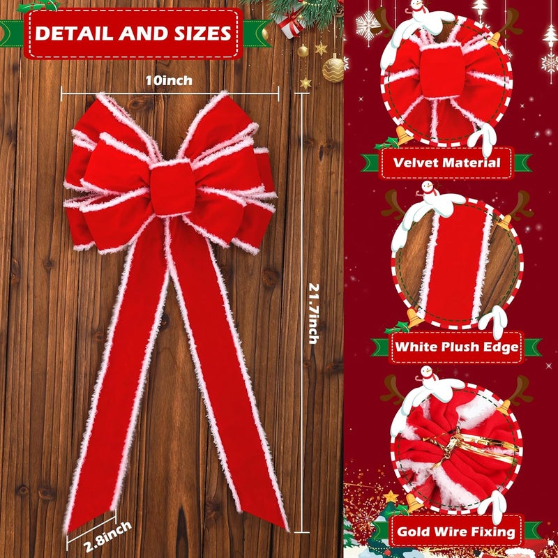 Anyfire Large Red Christmas Bow: 10'' x 21'' Large Christmas Tree Topper Bow Red Velvet Bow with White Edge for Wreath Garland Stair Fireplace Home Indoor Outdoor Xmas Decoration (1 Packs) - Image 2